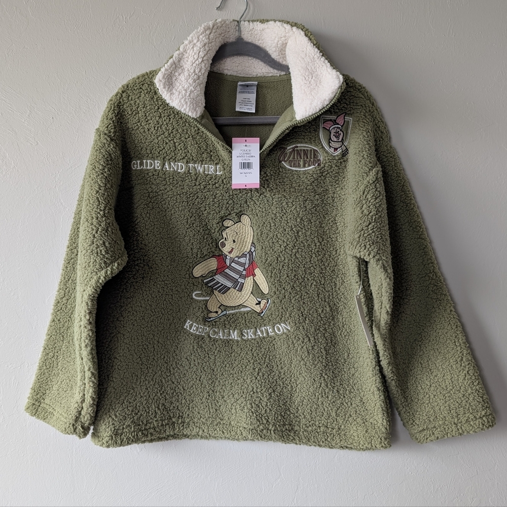 Disney Winnie The Pooh Winter Sherpa Green Soft 3/4 Zip Jacket Size S